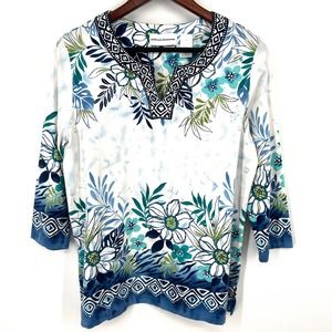 Alfred Dunner Size M Medium Embellished 3/4 Sleeve Blouse Shirt Top Floral Work